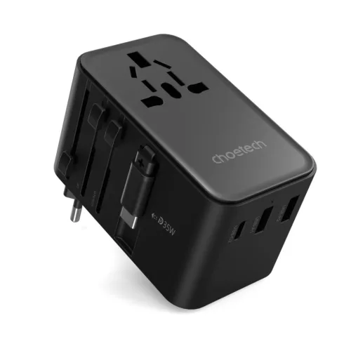 Choetech PD5020 35W Adaptor de călătorie UE/US/AUS/UK cu cablu USB-C încorporat Negru