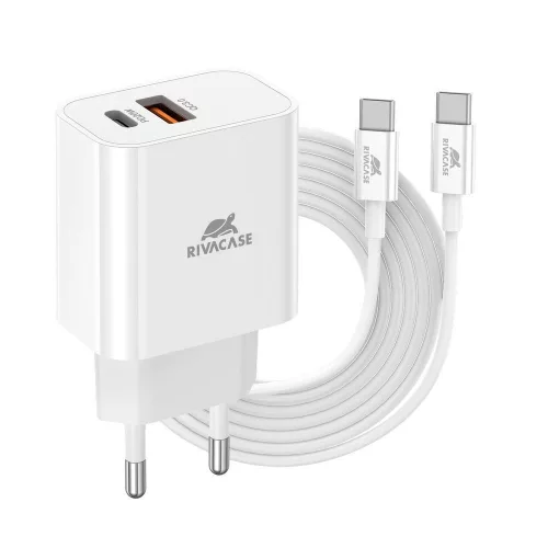 RivaCase RivaPower PS4102 WD4 EU Wall Charger PD20W + QC3.0, USB-A + USB-C, cu cablu USB-C/USB-C Alb