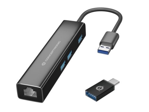 Conceptronic  DONN07BA USB to Gigabit Network Adapter with 3-Port USB Hub Fekete